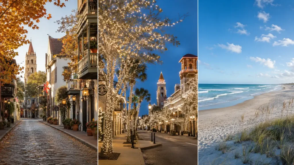 A 4-season seasonal multi-panel visual showing the diverse year-round beauty of St. Augustine, from sunny summer beaches to glowing white winter Nights of Lights.