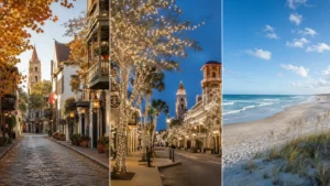 A 4-season seasonal multi-panel visual showing the diverse year-round beauty of St. Augustine, from sunny summer beaches to glowing white winter Nights of Lights.
