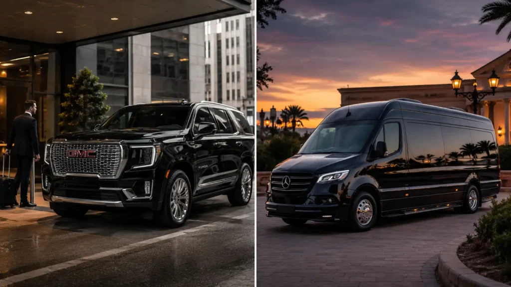 Side-by-side split visual comparing a luxury private black car service vehicle, a standard rideshare app screen, and an elegant white stretch limousine.