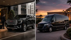 Side-by-side split visual comparing a luxury private black car service vehicle, a standard rideshare app screen, and an elegant white stretch limousine.