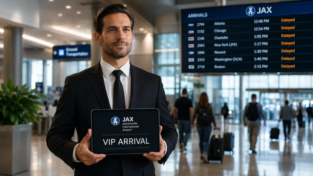 A professional private chauffeur in a clean black suit holding a customer name signboard while waiting patiently inside the JAX airport baggage claim arrivals terminal near a blurred flight delay status board.