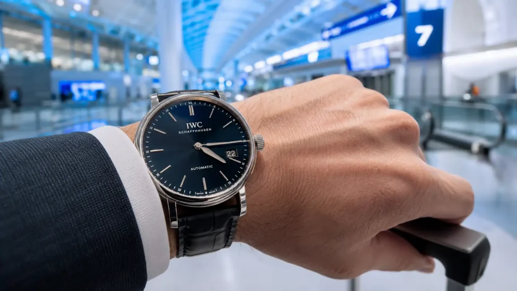 A sleek close-up photo of a traveler's luxury watch showing early morning flight time with the bright neon lights of Jacksonville International Airport (JAX) flight departures terminal blurred out elegantly in the background.