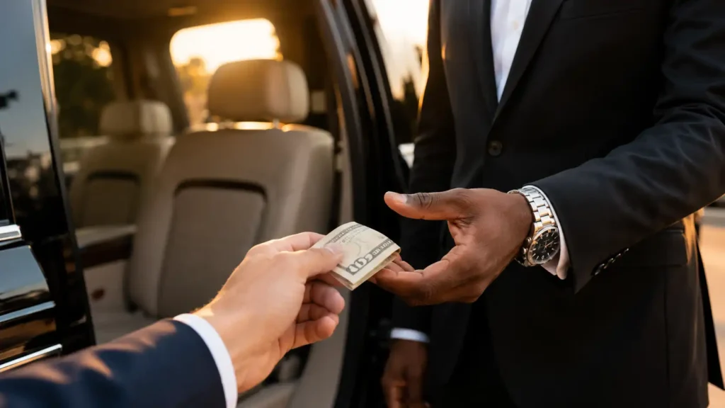 Close-up of a grateful business passenger gracefully handing a folded cash tip to a professional chauffeur in an immaculate black suit at the end of a premium airport transfer.