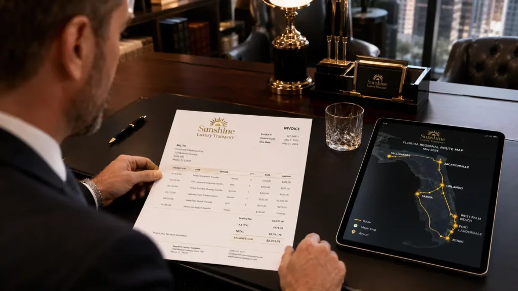 Corporate manager reviewing a single monthly billing invoice for corporate transportation services next to an iPad showing synchronized executive travel schedules.