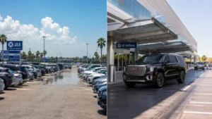 Side-by-side split visual showing a crowded JAX long-term airport parking lot under hot sun versus a luxury black SUV arriving smoothly at the terminal curbside.