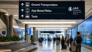 Labeled terminal layout map or a close-up directional sign inside Jacksonville International Airport (JAX) baggage claim pointing toward arrivals ground transportation.