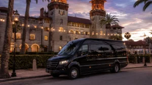 A luxury black Mercedes Sprinter limo shuttle elegantly parked outside the historic illuminated entrance of the Lightner Museum wedding venue in St. Augustine, Florida.