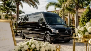 A luxury black Mercedes Sprinter limousine shuttle van parked beautifully next to white floral wedding decorations under a bright Florida sun.