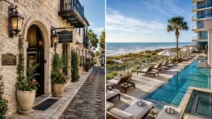 A sleek, premium multi-panel photo collage comparing historic downtown St. Augustine boutique hotels next to oceanfront luxury resorts at St. Augustine Beach.