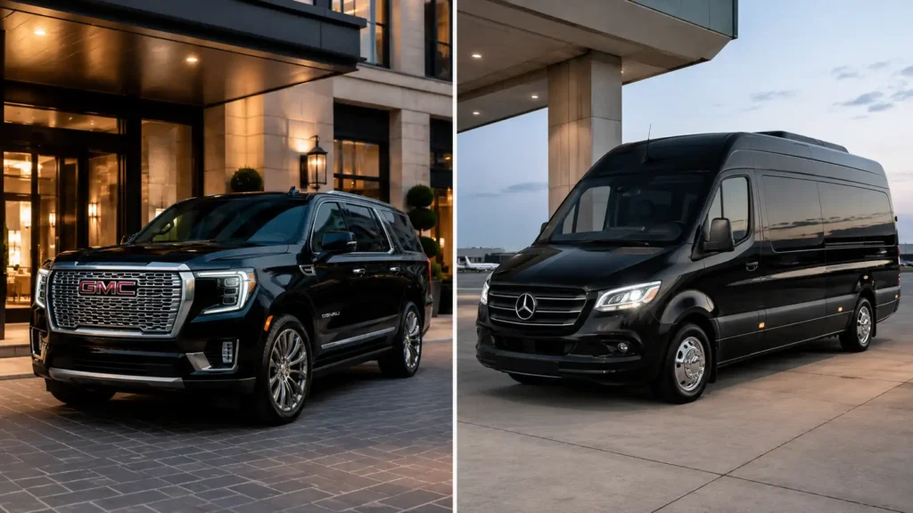 Side-by-side luxurious visual comparison of a sleek black GMC Yukon Denali SUV and a premium high-roof Mercedes Benz Sprinter executive shuttle van.