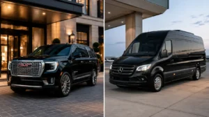 Side-by-side luxurious visual comparison of a sleek black GMC Yukon Denali SUV and a premium high-roof Mercedes Benz Sprinter executive shuttle van.