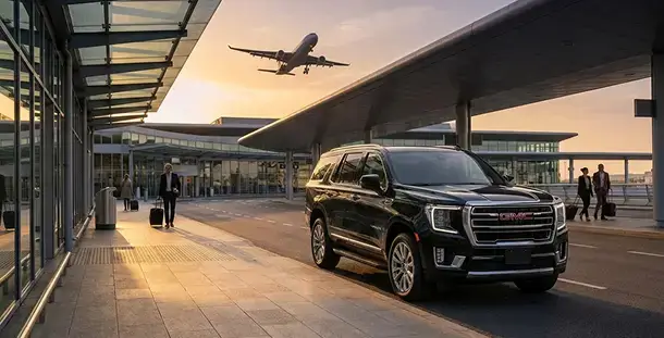 Luxury black GMC SUV at the airport terminal for professional airport black car service in Jacksonville and St. Augustine