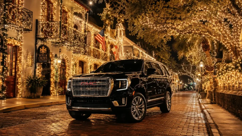 A sleek luxury black chauffeur SUV navigating slowly through the spectacular three million white Christmas lights illuminating the historic district of St. Augustine, Florida.