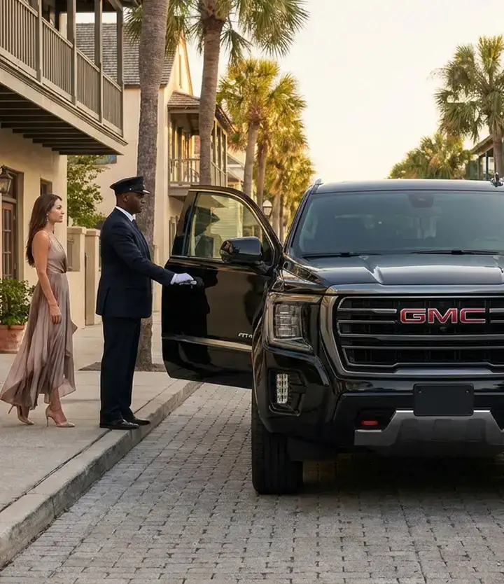 Professional private chauffeur in uniform opening the door of a luxury black SUV for a client in St. Augustine Florida