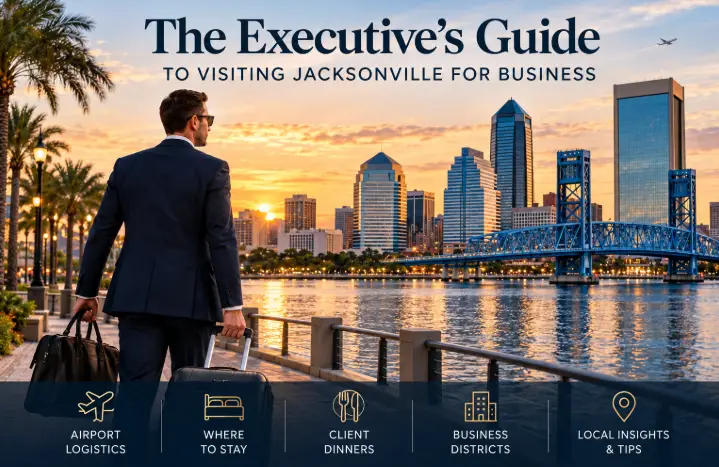 Executive business traveler with luggage overlooking the Jacksonville, Florida skyline and St. Johns River at sunset, illustrating airport logistics, hotels, client dining, business districts, and local travel tips from an executive guide to Jacksonville.